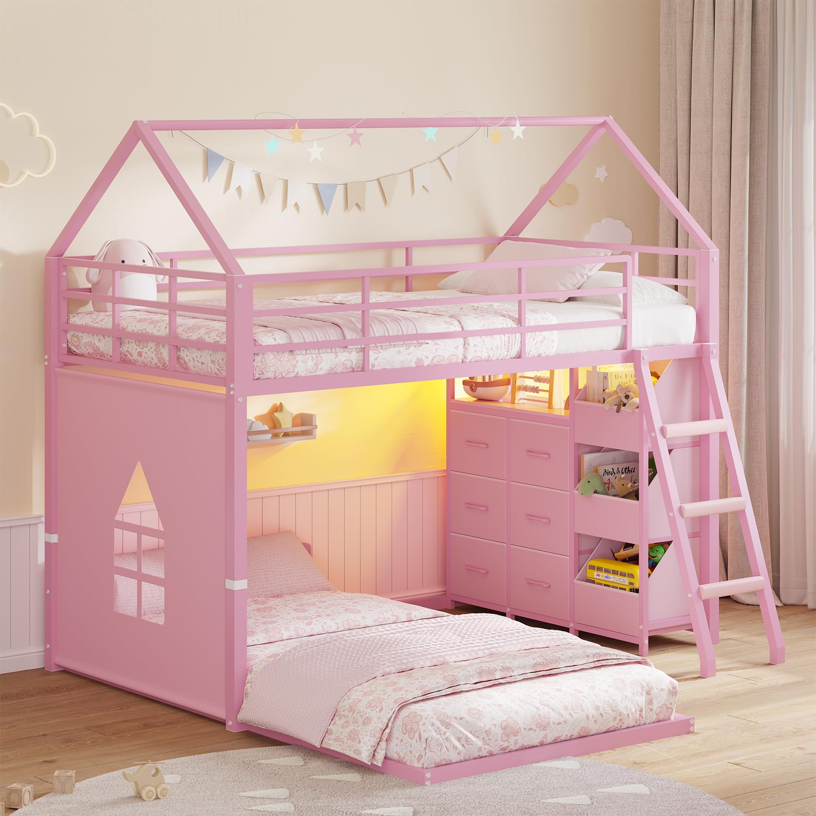 Twin Over Twin House Bunk Bed with LED Lights & Storage