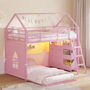 Twin Over Twin House Bunk Bed with LED Lights & Storage