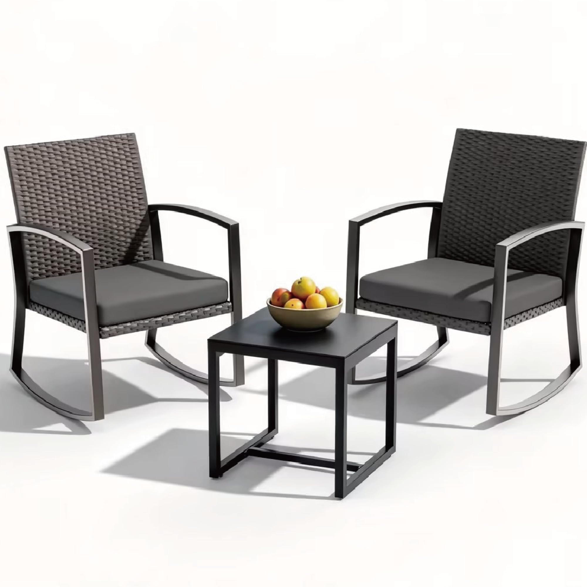 LAWNOOK Rocking Patio Bistro Sets - All-Weather - 3 Piece Rattan Conversation Furniture Set, Wicker Outdoor Front Porch Chair for Balcony, Porch, Garden, Backyard, Poolside,Medium Gray