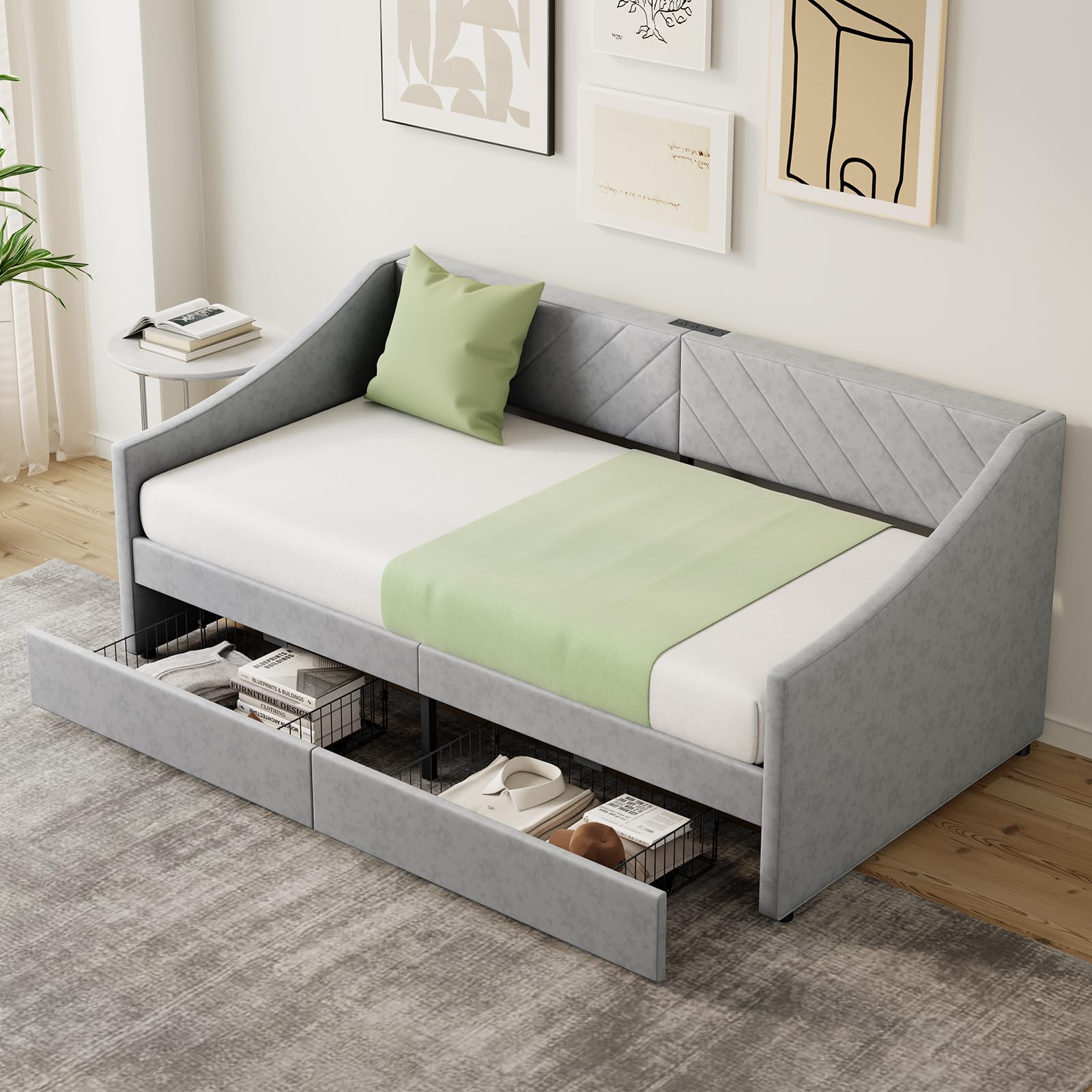 Twin Size Daybed with Storage Drawers & Charging Station
