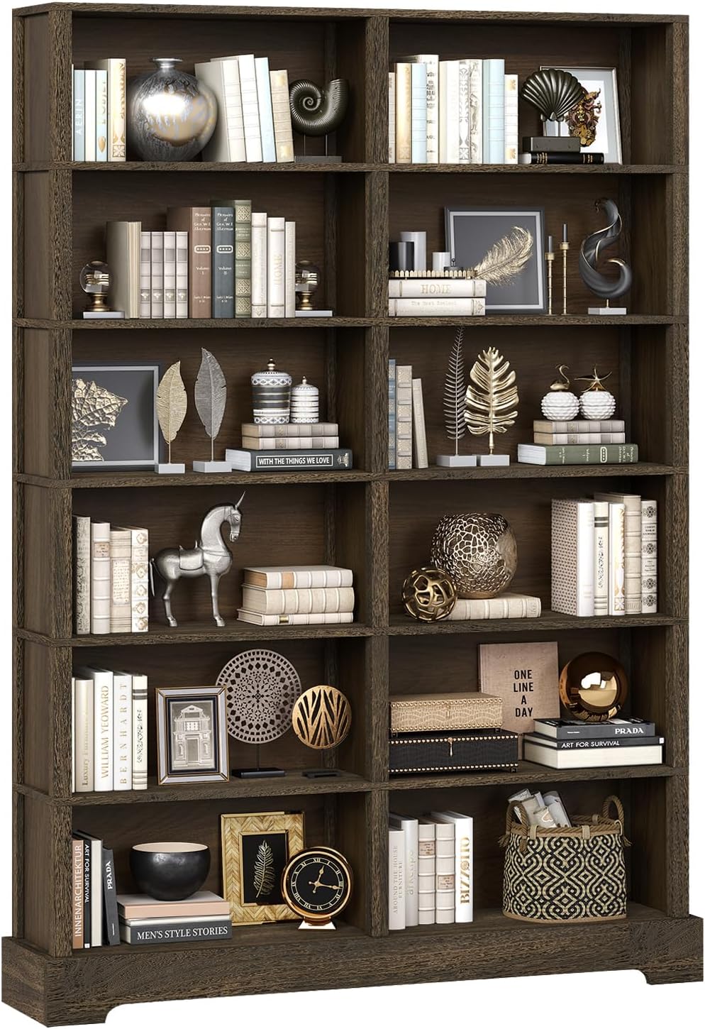 TVU 6-Tier Wood Book Shelf, 47" Wide Large Bookcase and Bookshelf, 76" Tall Bookcase with Storage, Freestanding Wood Display Book Shelves for Living Room, Home Office, Walnut