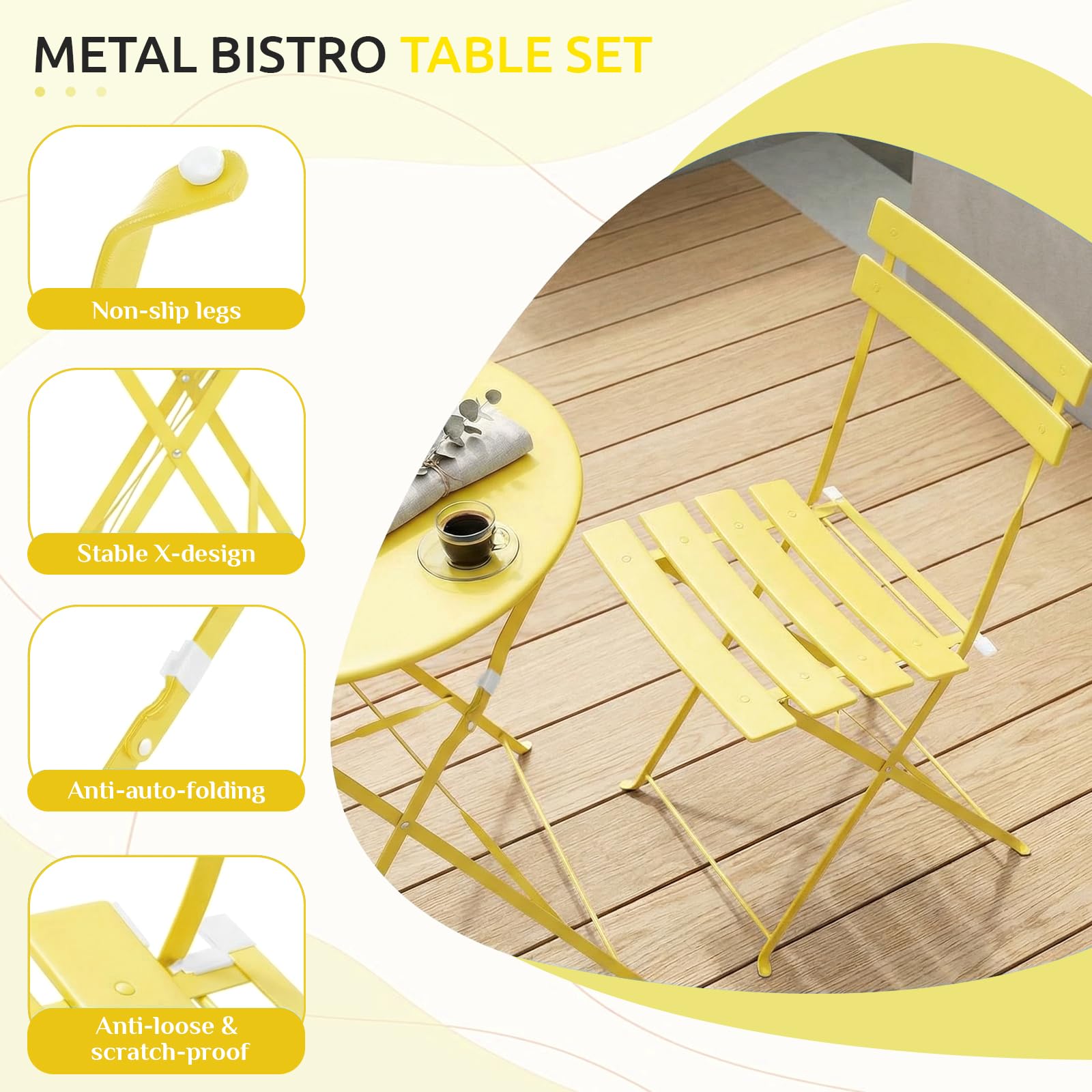 LIFERUN 3-Piece Folding Bistro Set Outdoor, Powder Coated Weatherproof Patio Furniture Set, Bistro Table and Chairs Set of 2 for Cafe, Patio, Garden, Balcony, Space Saving, Yellow
