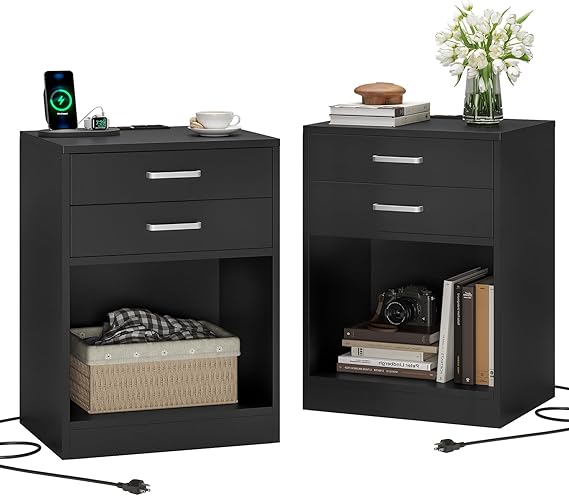 Nightstand Set of 2 with Charging Station & Drawers