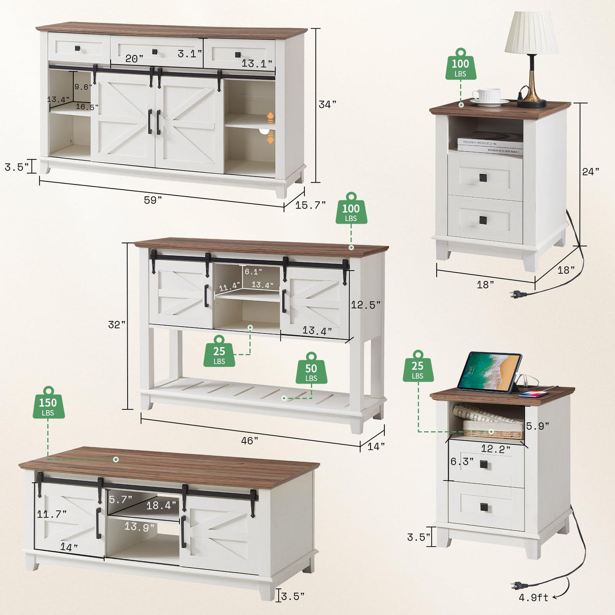 AMERLIFE Living Room Table Set of 5 with 59" TV Stand, Rustic White