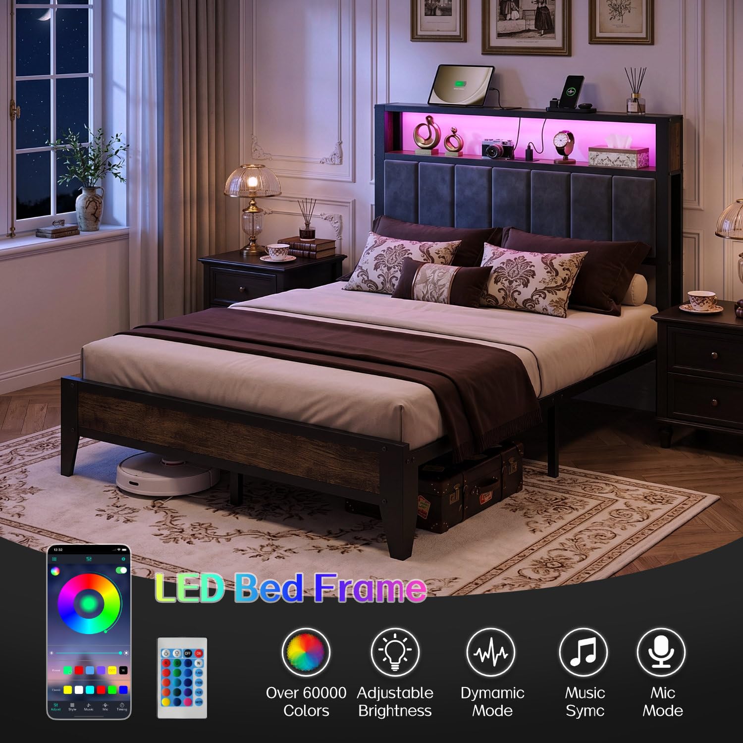 Metal Platform Bed with LED & Charging Station