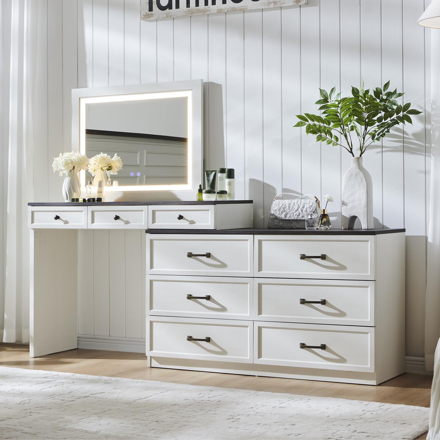 Aitjunz 69" W Big Vanity Desk with Glass Top, Farmhouse Makeup Table with 9 Large Storage Drawers, Rustic Wood Bedroom Dressing Table w/3 Color Available Light & 30" HD Led Mirror, Antique White