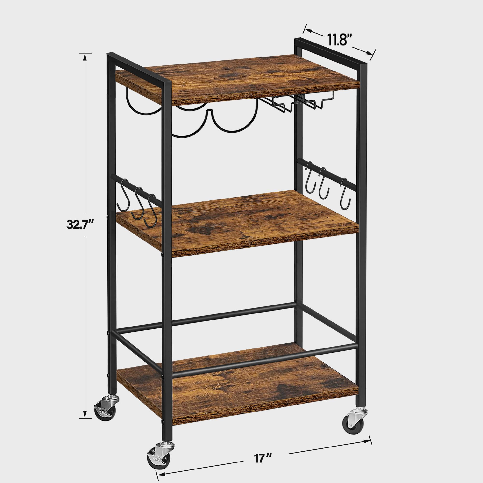 3-Tier Rolling Bar Cart with Wine Rack & Glass Holder