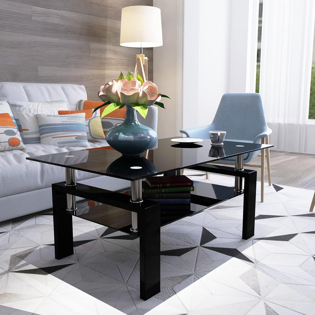 TIOPLY Living Room Tables Set,3 Piece Glass Coffee Table and End Tables Set with Tempered Glass Tabletop and Metal Frame for Living Room,Apartment, Small Space, Full Black