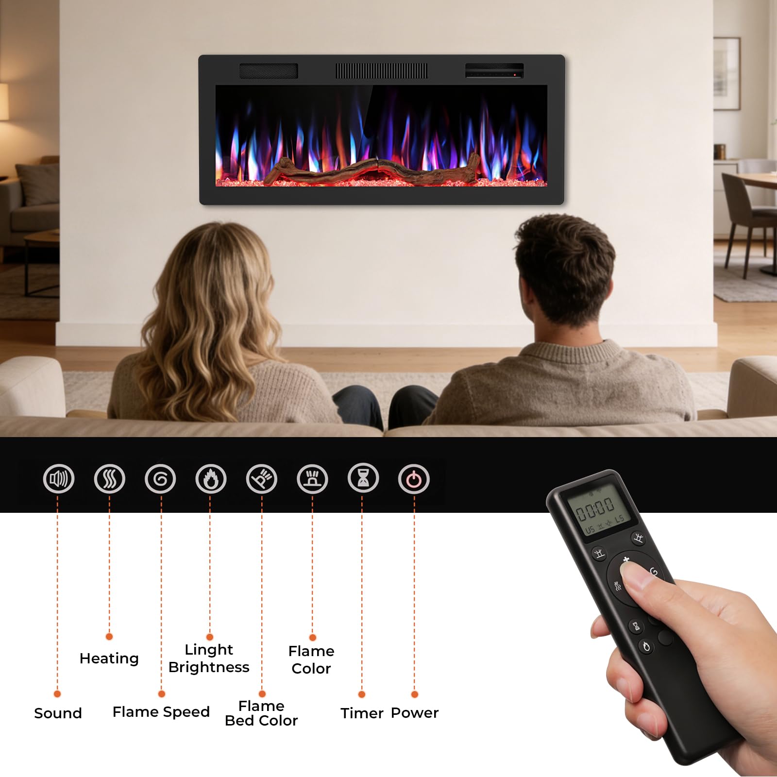 R.W.FLAME 42 Inch Electric Fireplace,Recessed & Wall Mounted Indoor Smart Fireplace Heater,Adjustable Flame Color & Speed,Touch Screen & Remote Control,Low Noise,with Timer,Alexa/WiFi Enabled