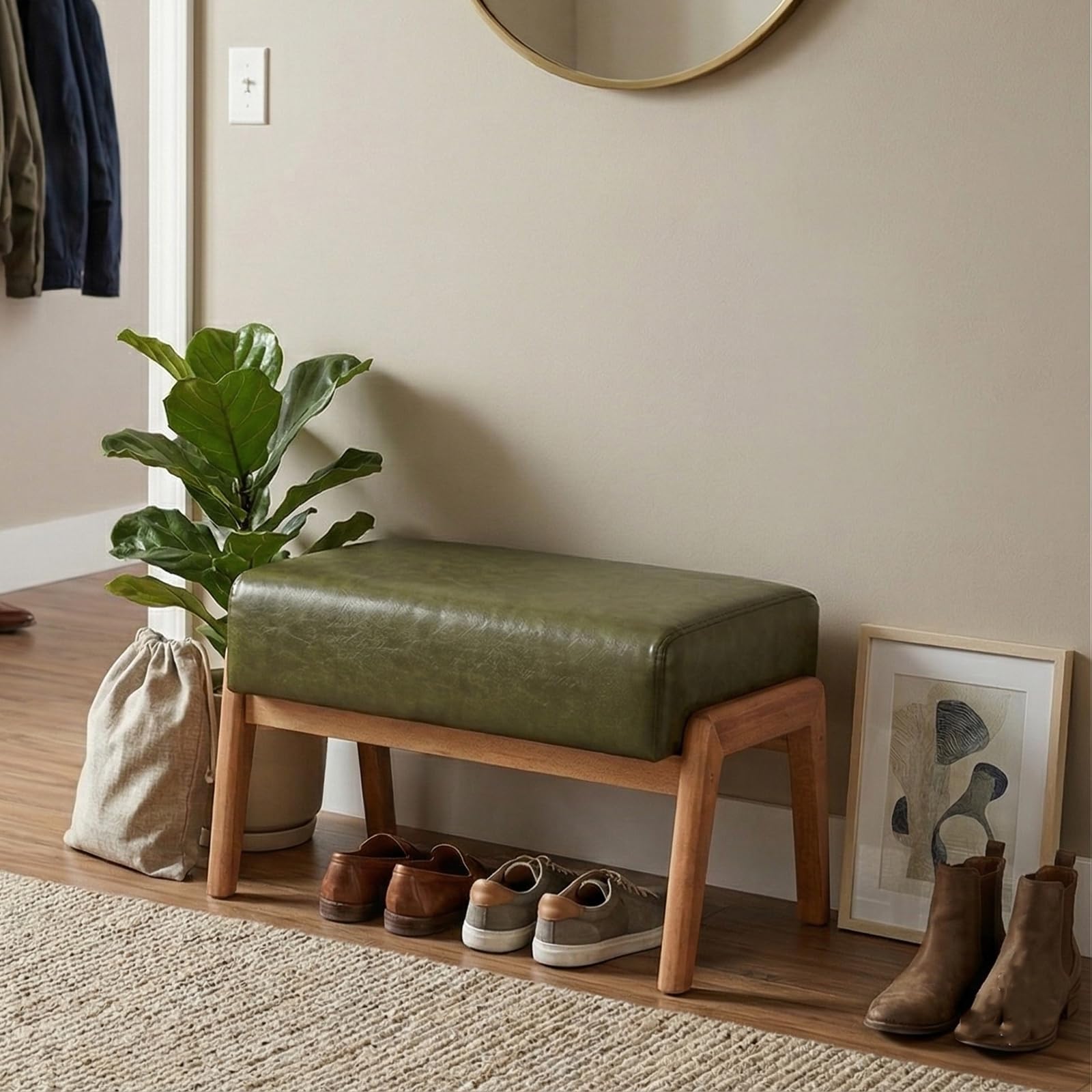 ACONUP Modern Ottoman Foot Stool, Faux Leather Accent Sofa Footrest with Walnut Rubber Wood Frame, Ottoman Bench for Living Room Entryway Bedroom Sofa Seat, Hunter Green