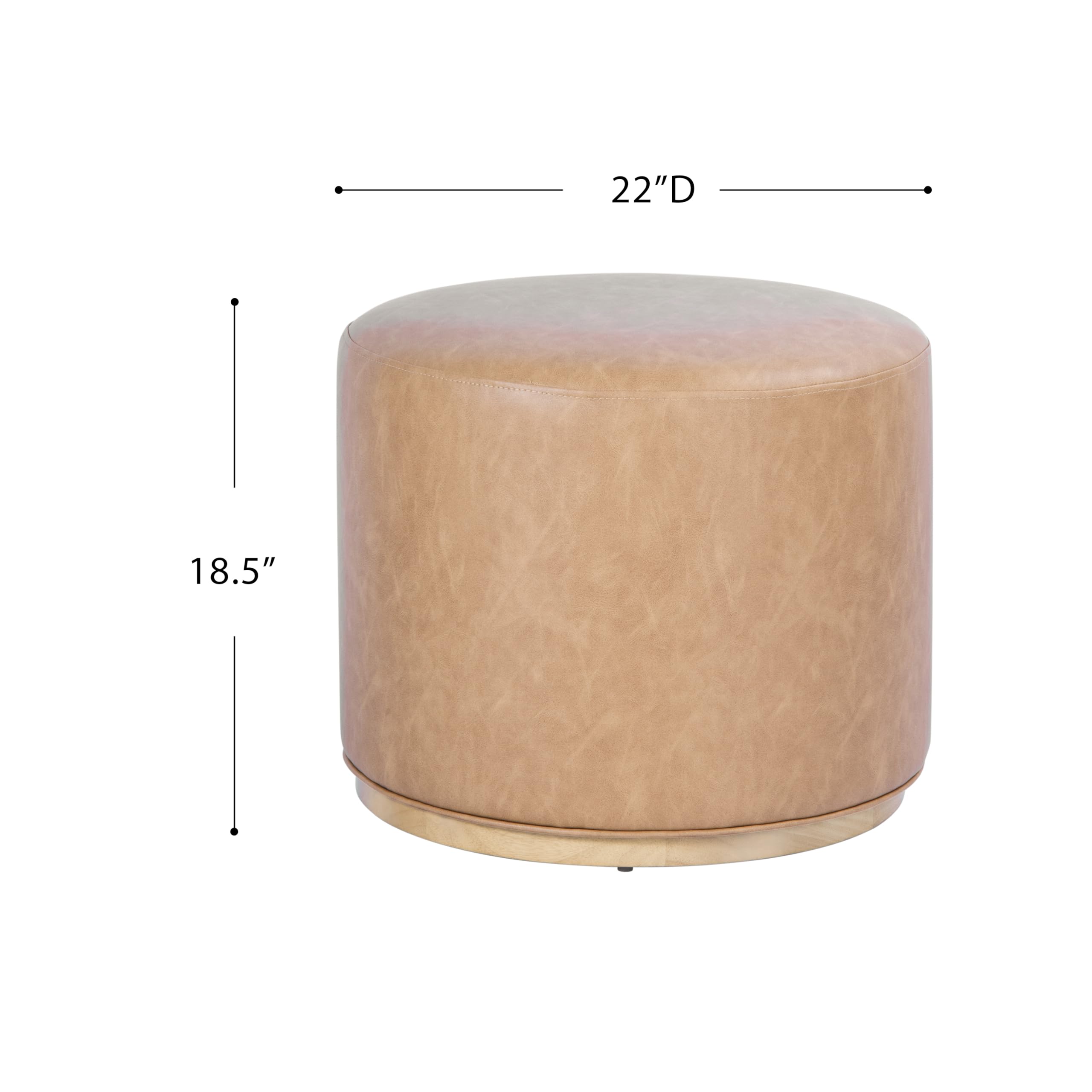 Spatial Order Faux Leather Ottoman with Wooden Base – 22” Round Upholstered Footrest, Sand Faux Leather, Modern Accent Stool for Living Room & Bedroom