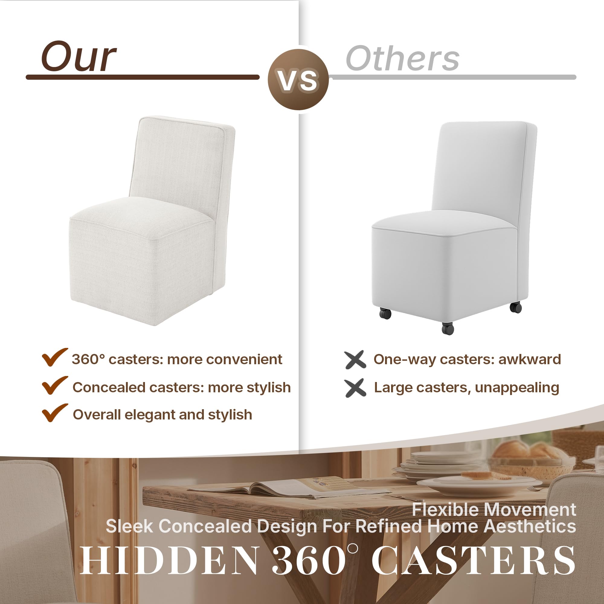 JOFFVIG Upholstered Dining Chair with Casters Set of 4, Armless Modern Rolling Chenille Dining Chairs with Wheels for Dining Room Bedroom Reading Room Living Room