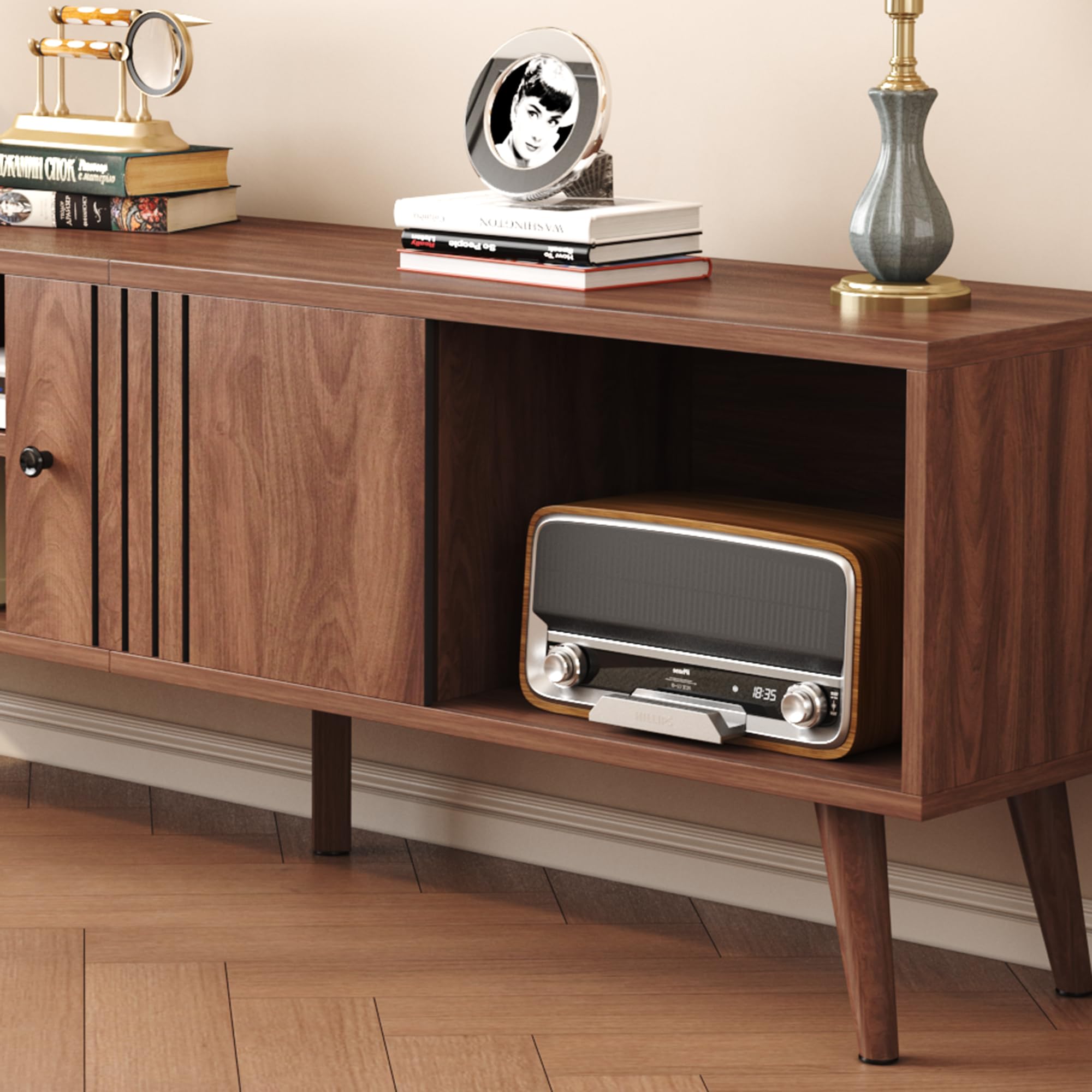 Mid-Century TV Stand with Sliding Door – Fits TVs up to 65"