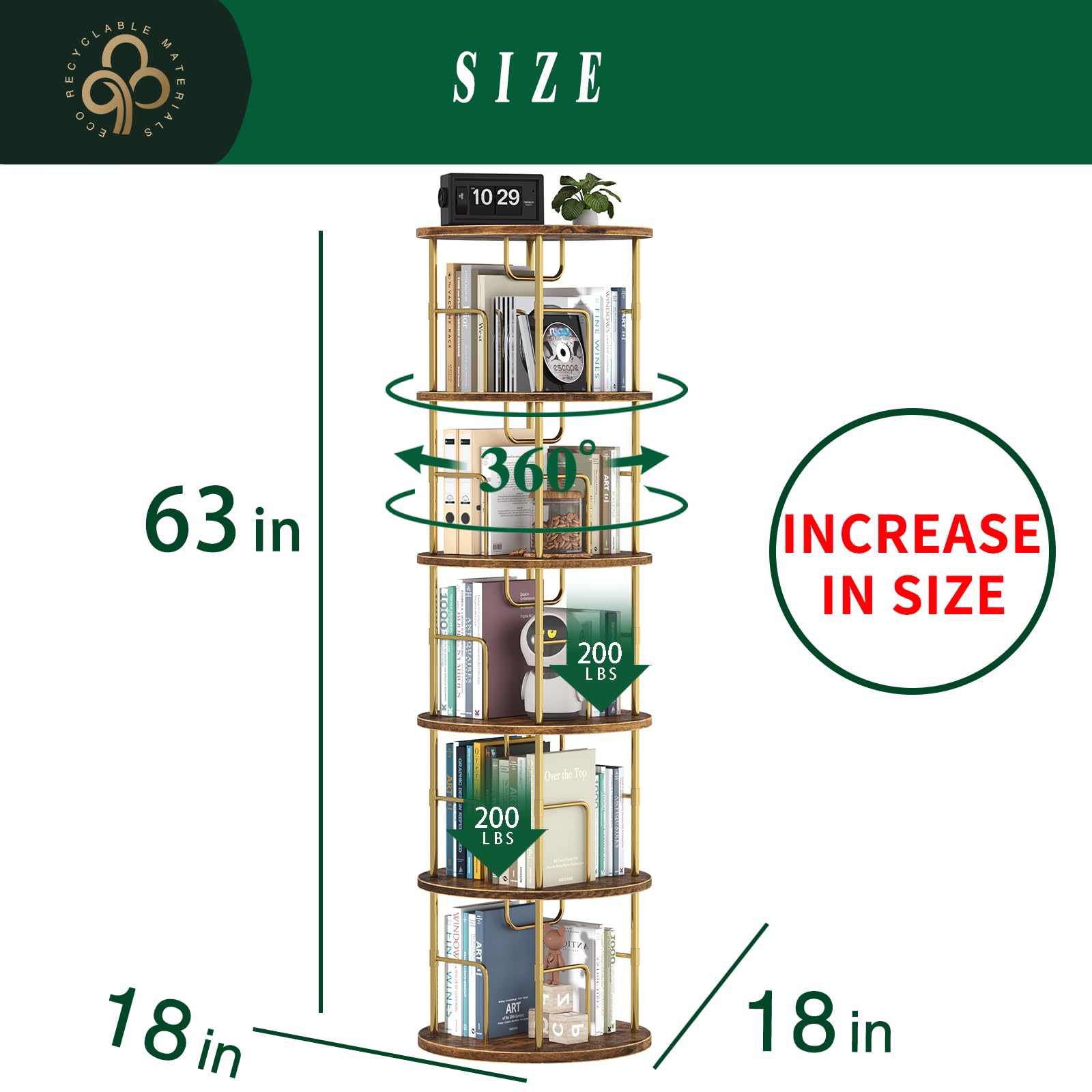 5Tier Rotating Bookshelf, 360 ° Display Stackable Spinning Bookshelf Tower,Round Space Saving Tall Floor Standing Swivel Bookcase Corner Storage Organizer for Bedroom/Living Room/Office，Gold