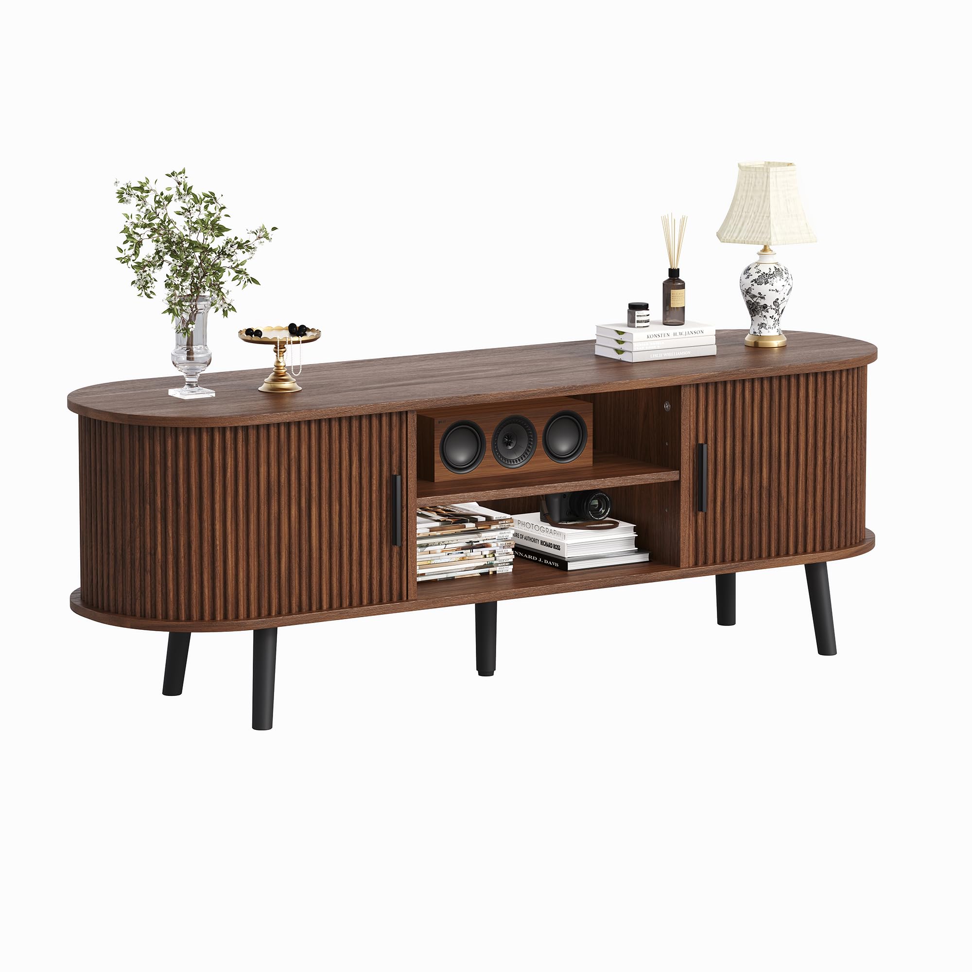 Mid-Century Modern TV Stand with Fluted Sliding Doors
