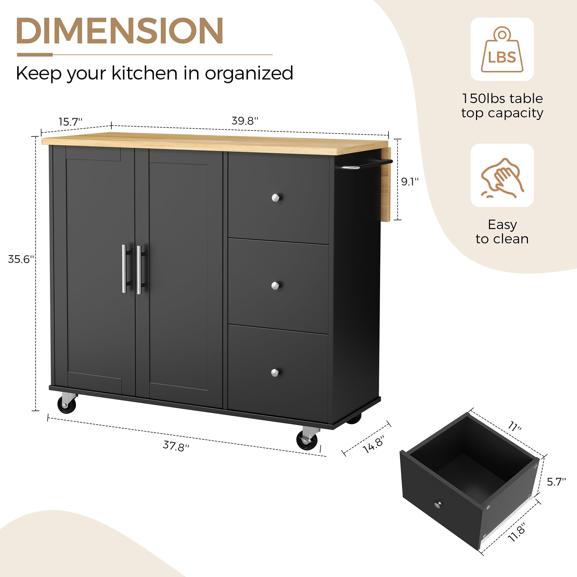 JY QAQA 40" Kitchen Island Cart Furniture cart on Wheels Rolling Portable Dining Room Serving Utility Carts Mobile Movable with Drawers Cabinet,Black