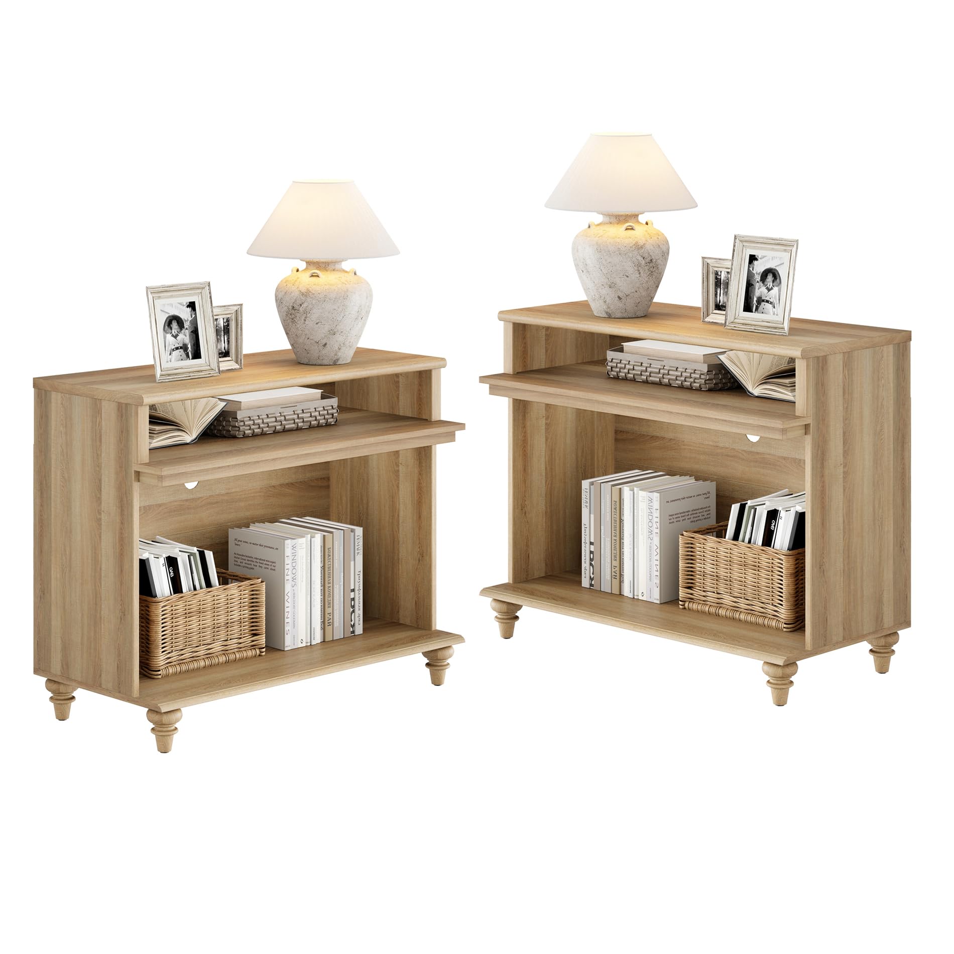 WAMPAT Set of 2 Farmhouse Large End Table, Tall Side Table with 2 Storages for Living Room, Oak
