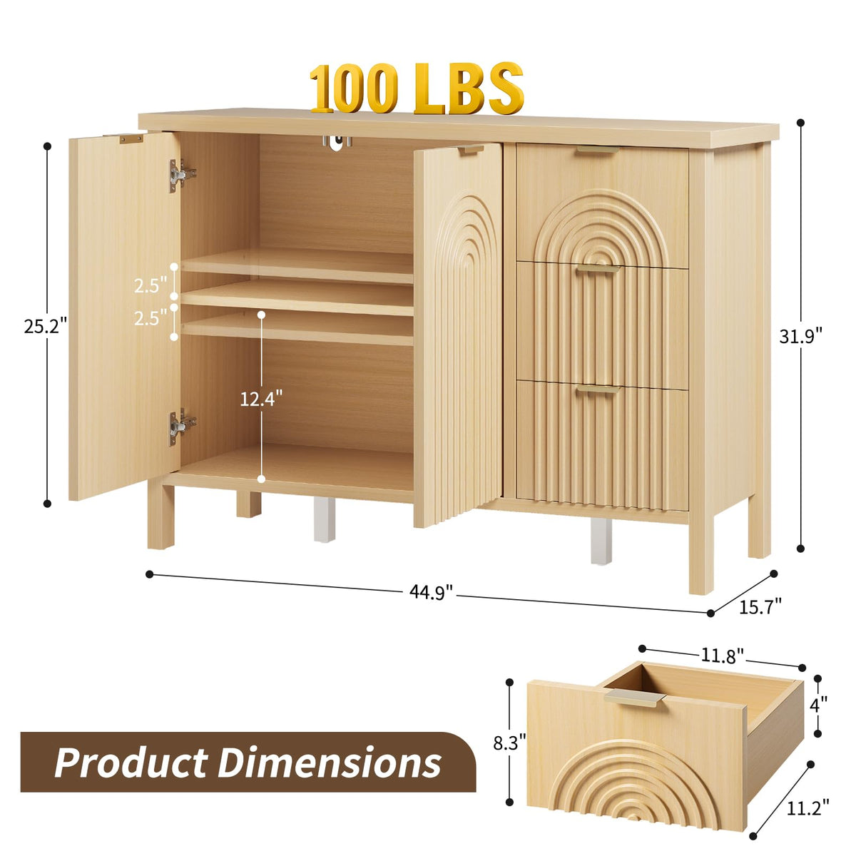 Curlaky Sideboard Buffet Cabinet with Storage - Fluted Accent Coffee Bar Cabinets Kitchen Credenza with Drawers & Doors, Wood Console Side Board with Adjustable Shelf for Living Room Entryway,Natural