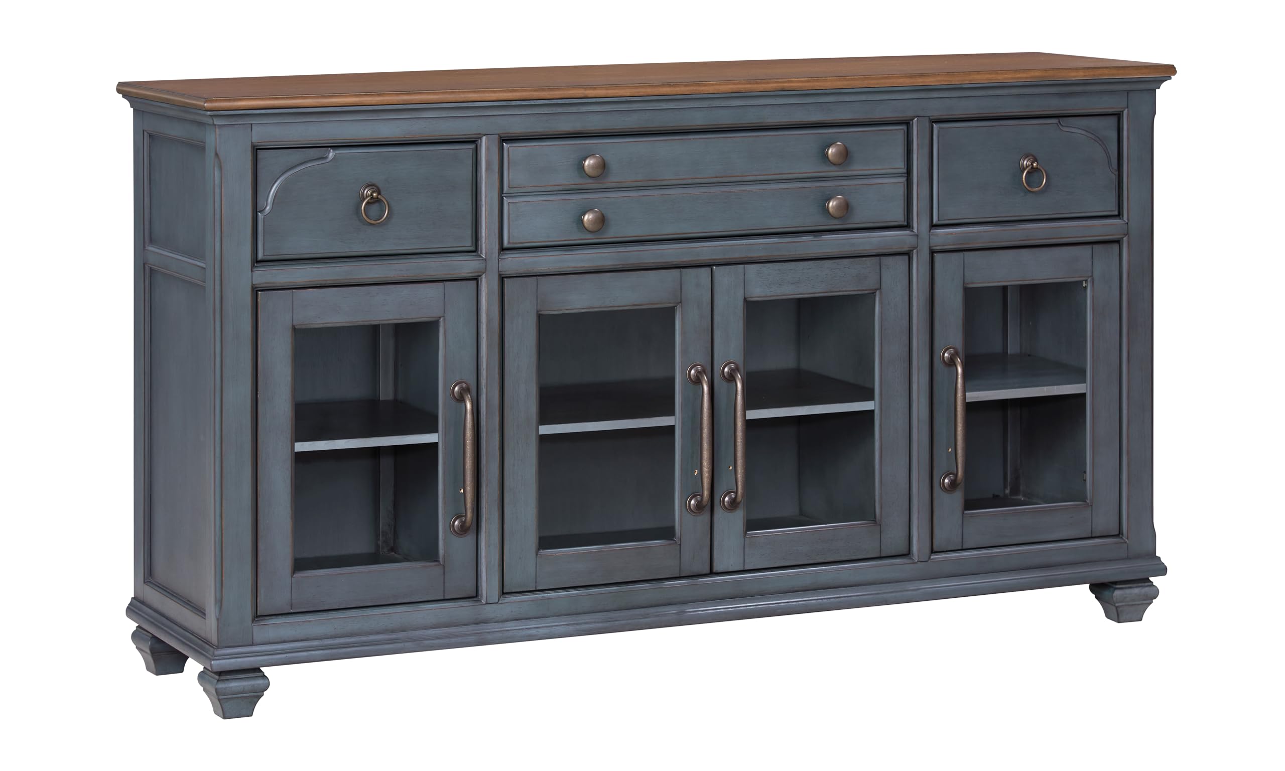 Bridgevine Home Americana Farmhouse Server Cabinet – 66” Wood Buffet Sideboard with Glass Doors, 3 Drawers & 4 Door Storage, Fully Assembled Dining Room Cabinet, Two-Tone Finish, Soft-Close Hinges