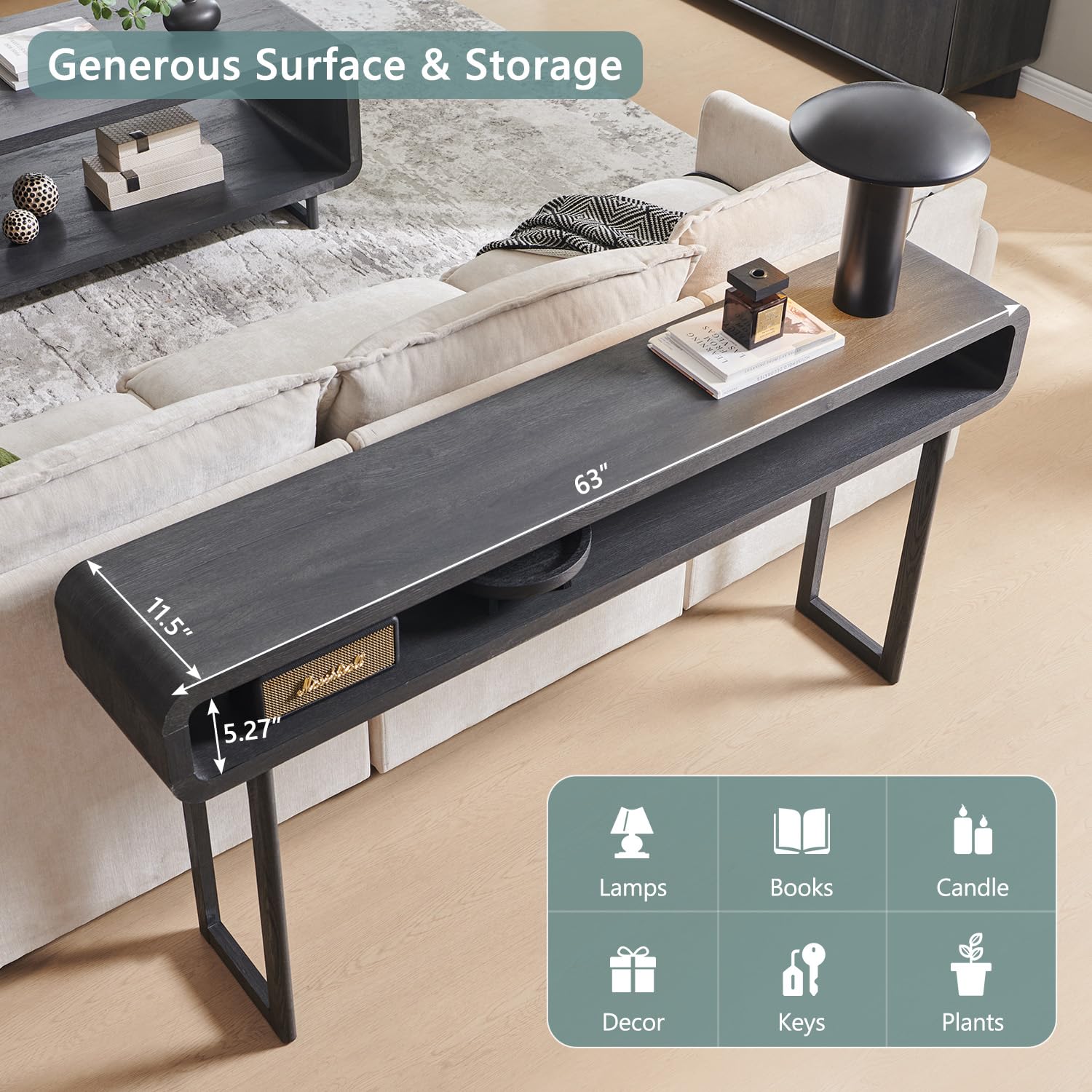 IFGET 63-Inch Long Console Table, 31.5" Tall Modern Entryway Table with Open Storage Shelf, Curved Profile Design, Narrow Wood Sofa Table Behind Couch Table for Living Room, Hallway, Foyer, Dark Grey