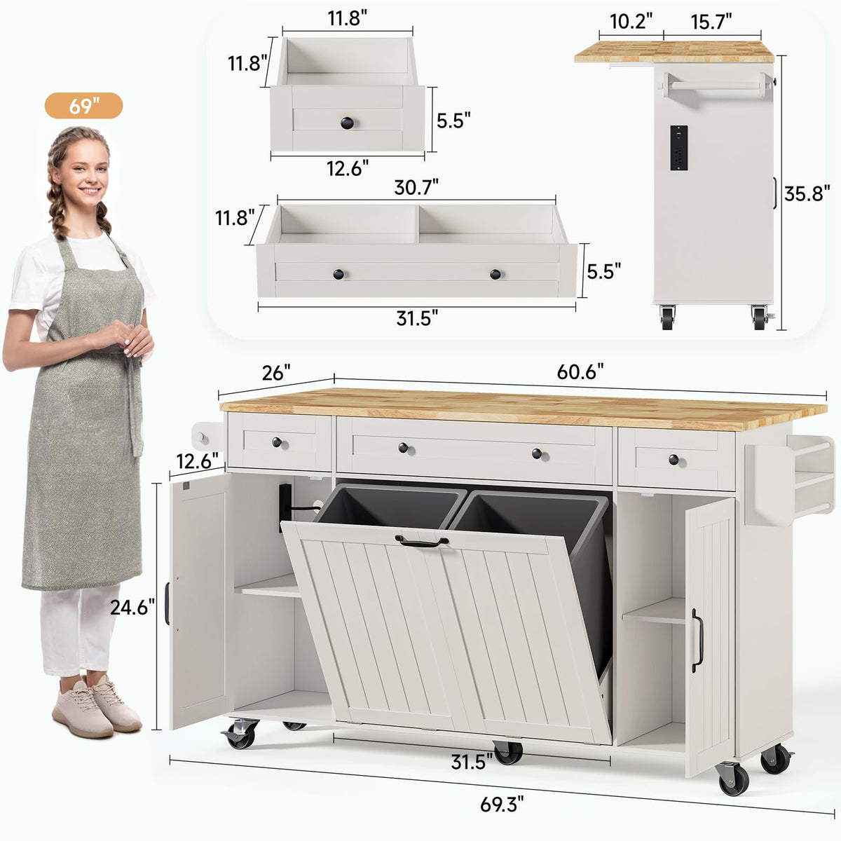 ONBRILL 69" Kitchen Islands with Dual Trash Can Cabinets, White