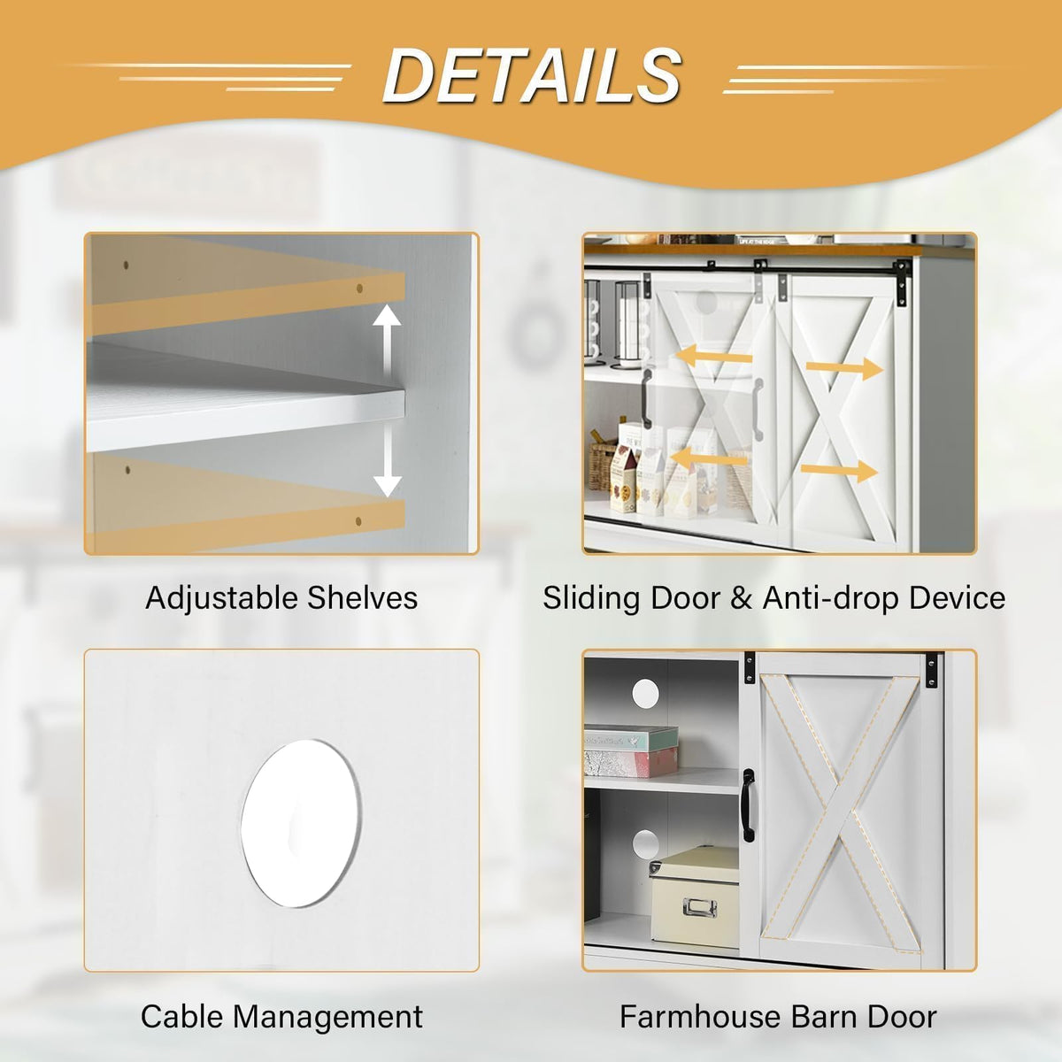 Farmhouse Coffee Bar Cabinet with Sliding Doors & Adjustable Shelves, White