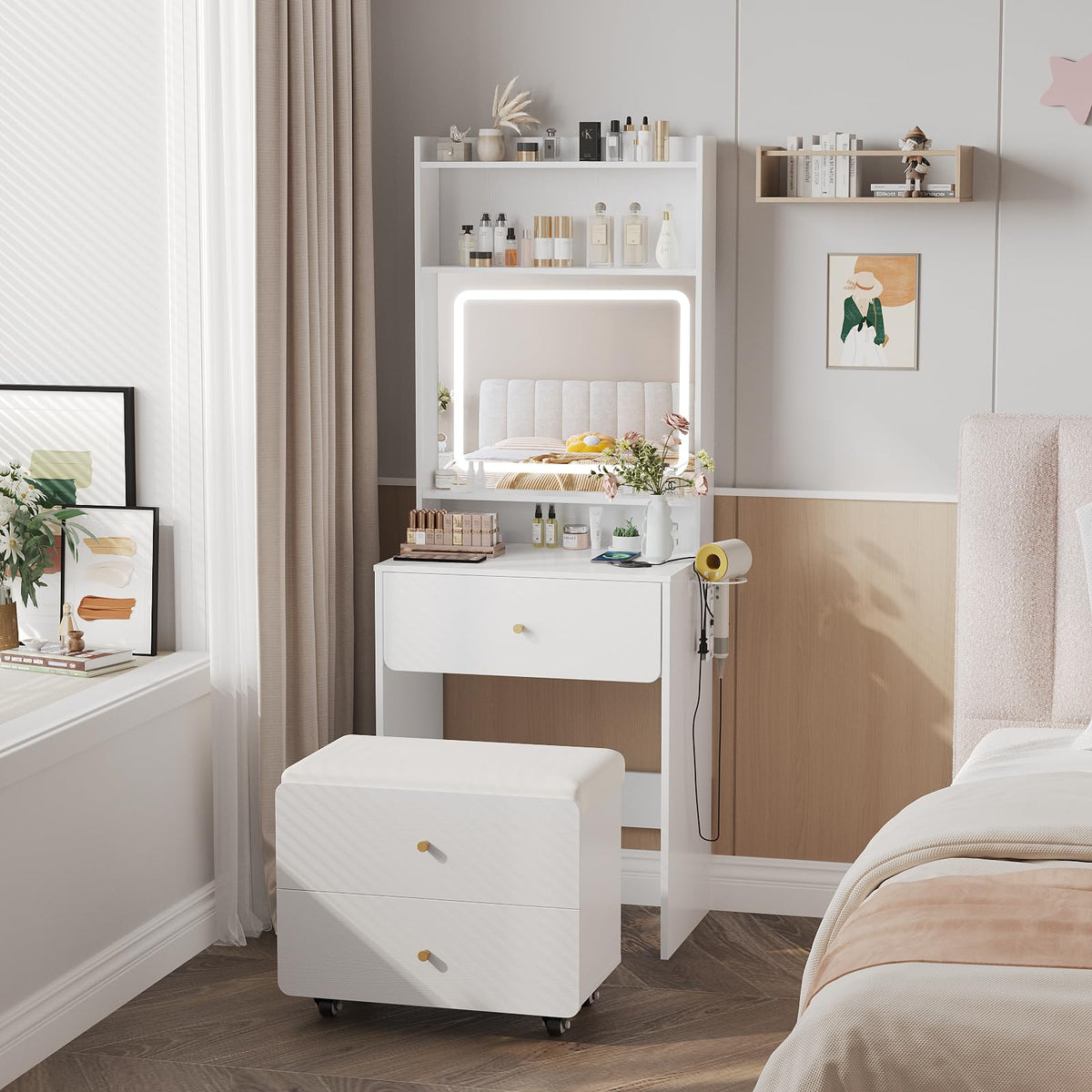 Make Up Vanity Desk with Mirror and Lights,Small Vanity With Storage Chair