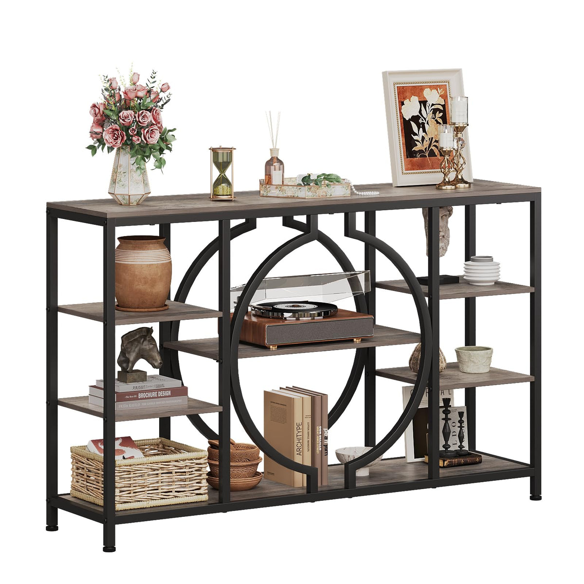 GiftGo 47" Industrial Console Tables for Entryway Rustic Sofa Table Behind Couch 4 Tier Wooden Shelves Entry Table with Storage for Foyer, Hallway, Front Door,Living Room (Retro Grey, 47")