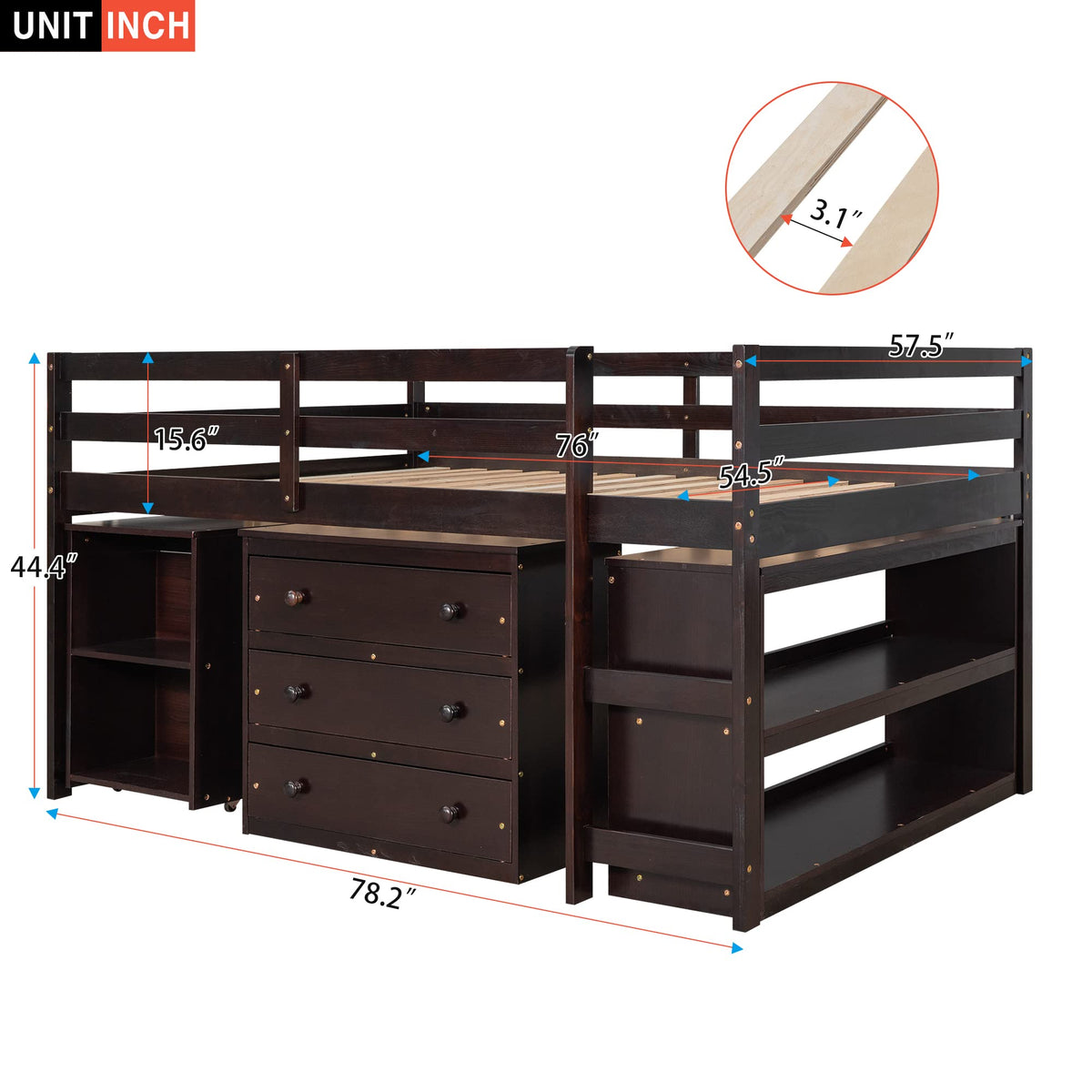 Merax Solid Wood Full-Size Low Loft Bed Frame with Ladder for Kids Bunk, Cabinet + Desk, Pure Espresso