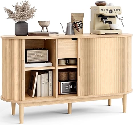 Sideboard Buffet Cabinet with Tambour Sliding Doors and Drawer, 55"
