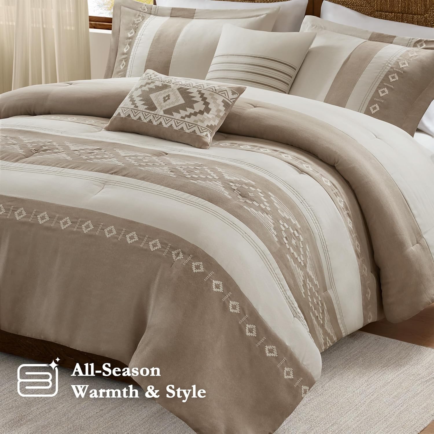 King Comforter Set – 5-Piece Microsuede Embroidered Bedding with Decorative Pillows, Taupe