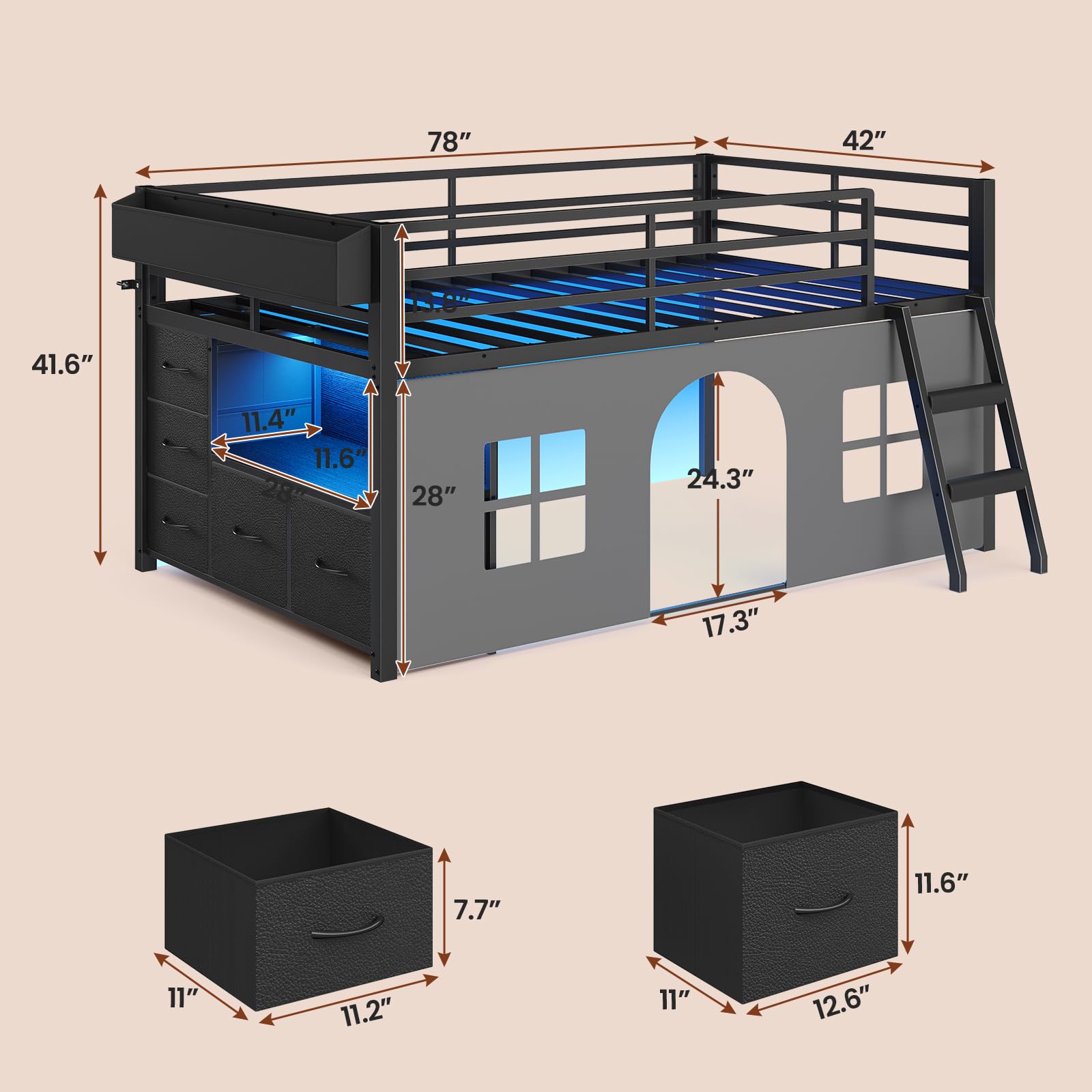 Kids Low Loft Bed with Tent, Storage & LED Lights