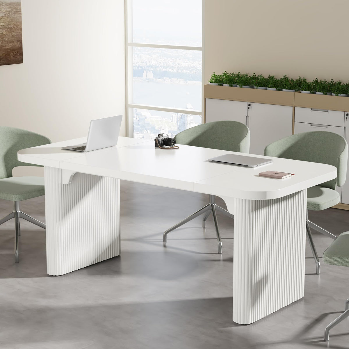 Tribesigns 5 ft Conference Table, Modern Rectangular Meeting Seminar Table with Double Pedestal, 62-Inch Large Boardroom Table for Office (White)