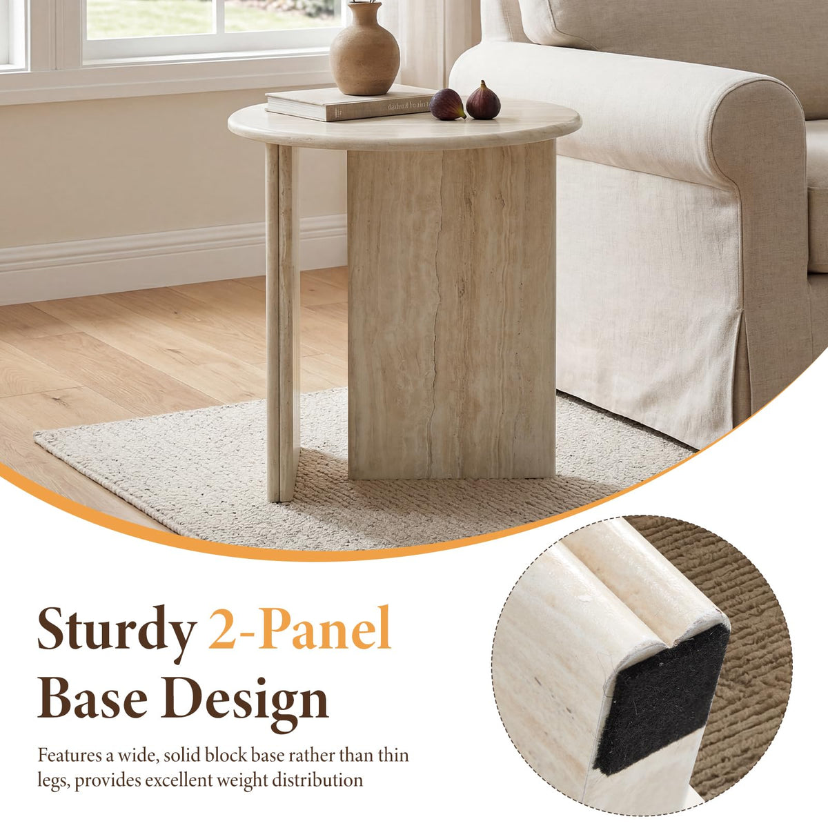 DUOMAY Coffee Table and End Table Set of 2 Modern Round Nesting Coffee Table Faux Marble Side Table Wooden Beige Travertine Finish for Living Room, Reception Room, Home Office