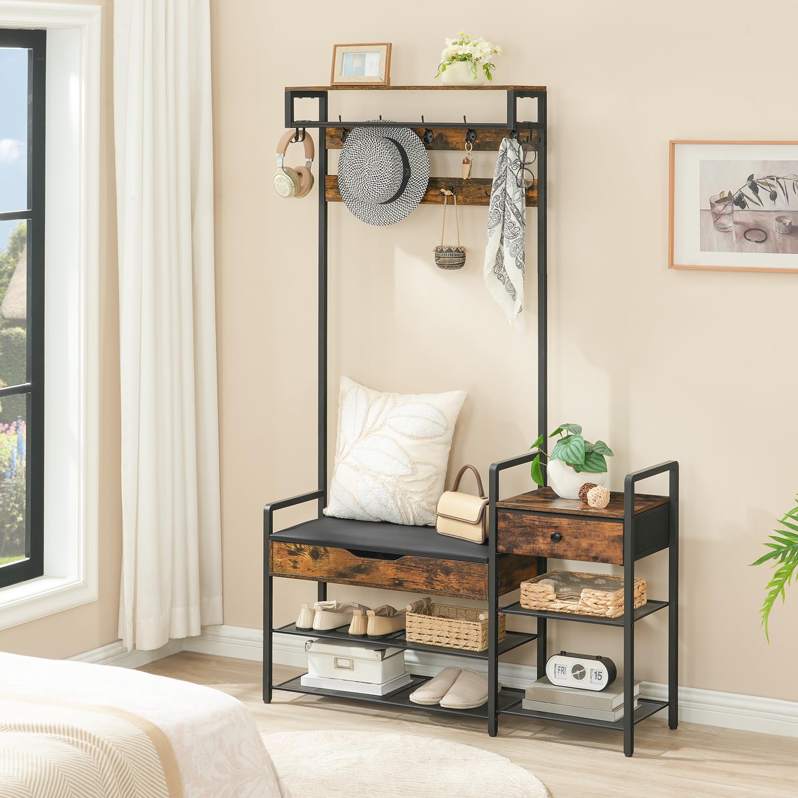 5-in-1 Hall Tree with Bench & Shoe Rack