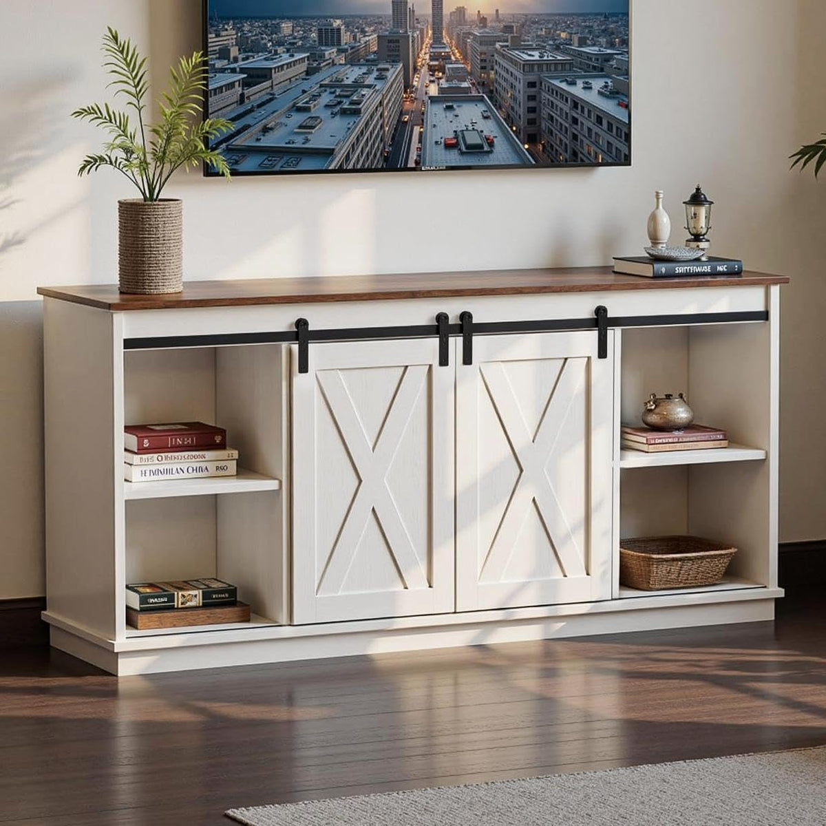 HAPPYMONT Farmhouse TV Stand for 65 Inch TV, Media Console, Milk White