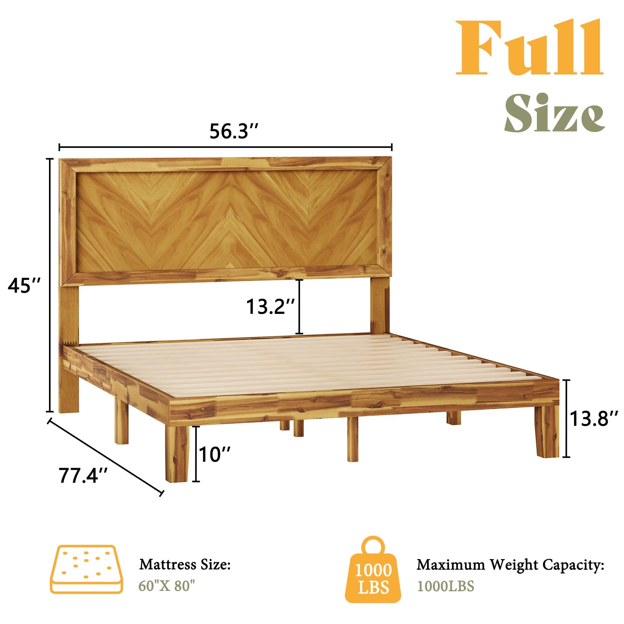 Jocisland Mid-Century Solid Wood Full Size Bed Frame with Heart-Shaped Headboard, Modern Wooden Platform Bed with Slat Support, Acacia Wood, Noise-Free, No Box Spring Needed, Easy Assembly, Brown
