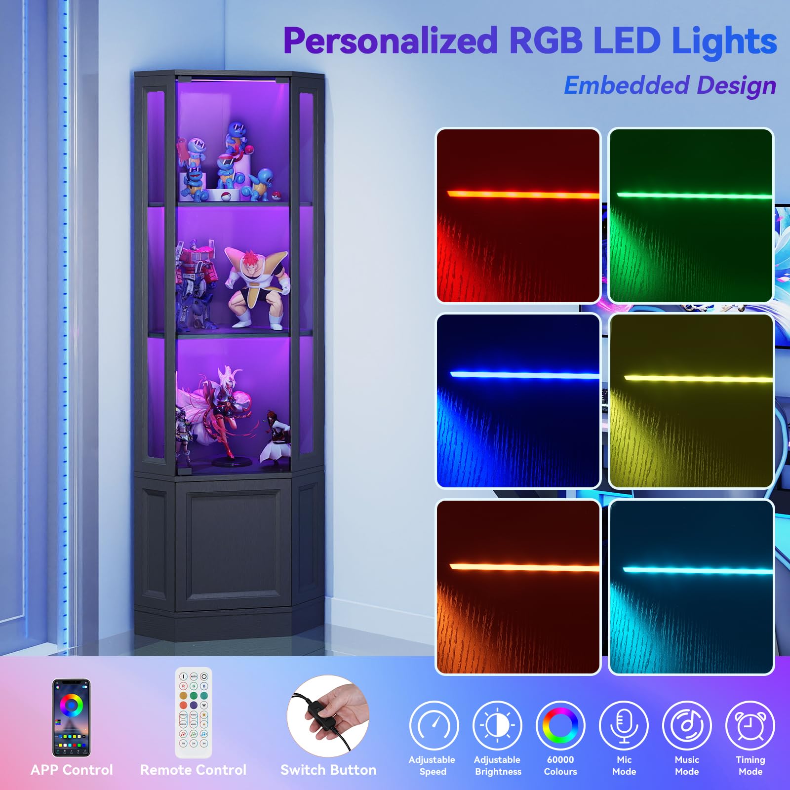 Corner Display Cabinet with LED Lights, 4-Tier Glass Curio Cabinet