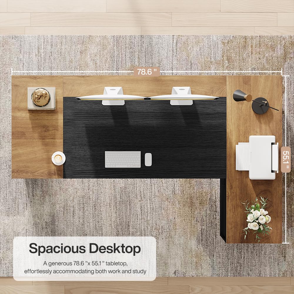 Tribesigns 78" L Shaped Executive Desk with Drawers, Large Office Computer Desk with Cabinet and Storage Shelves, Modern Business Furniture Sets Workstation for Home Office (Brown&Black)