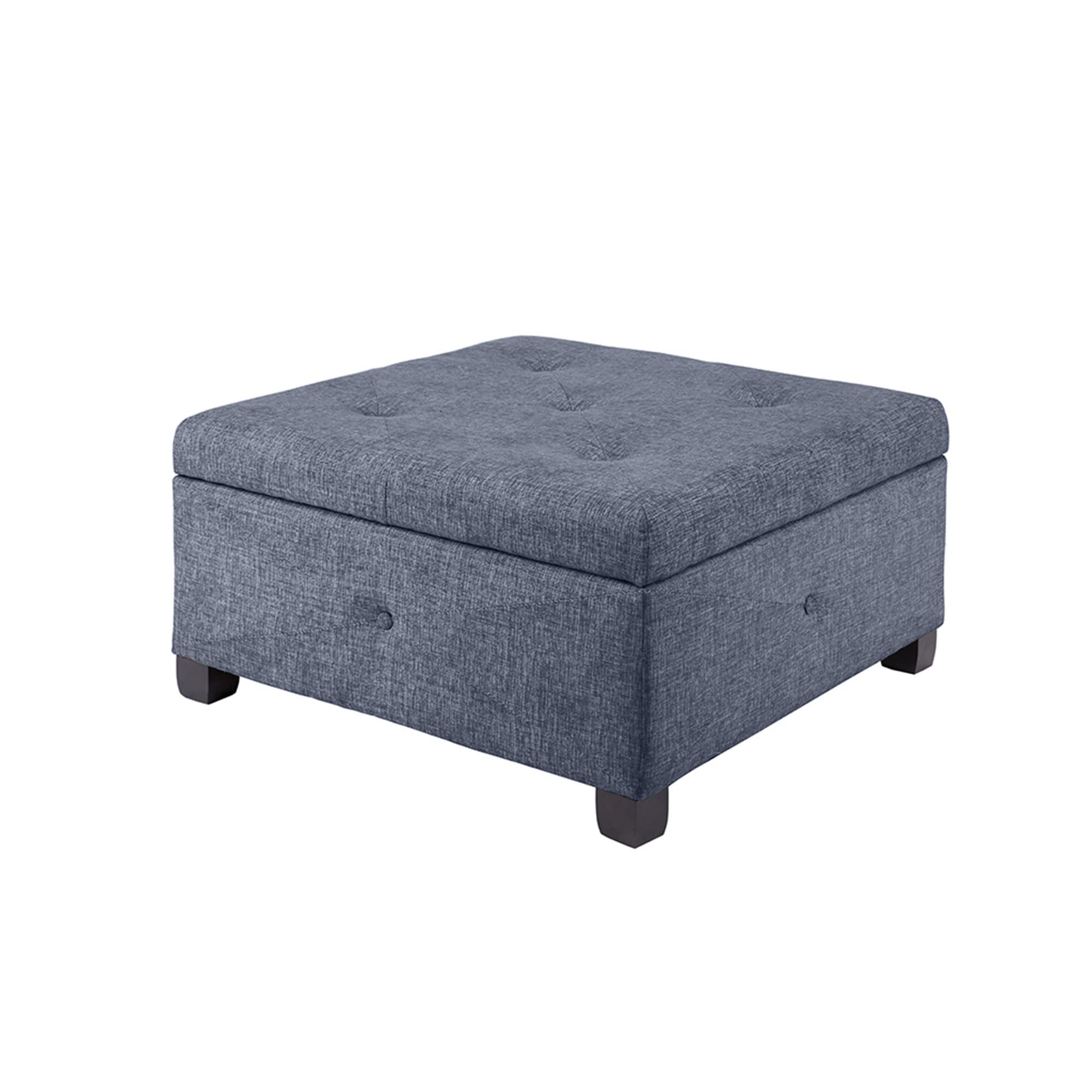 Madison Park Aspen Square Storage Ottoman Bench, Upholstered Textured Fabric Button Tufted Chest with Solid Wood Legs, Accent Furniture for Bedroom Décor, Blue