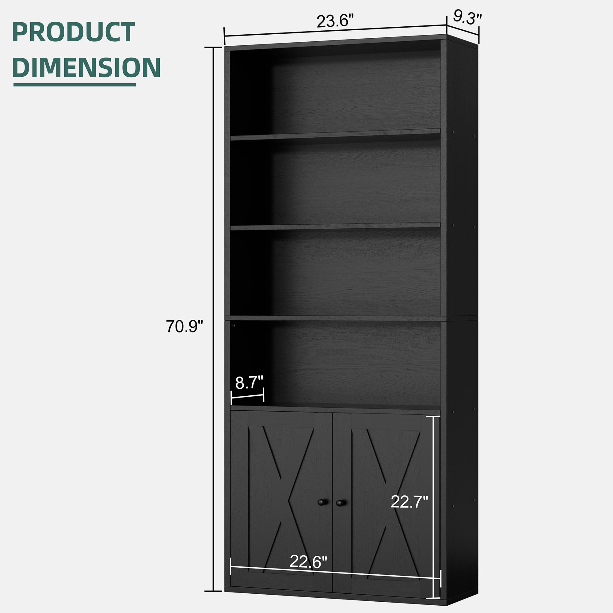 6-Tier Industrial Bookcase with Doors – 70.9" Tall Floor Standing Bookshelf