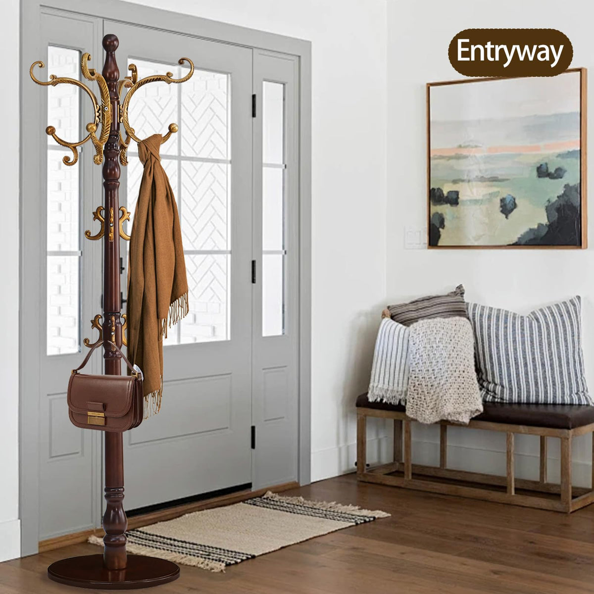 Yyzlscktt Coat Rack Freestanding, Wooden Coat Tree with Stable Round Base, Vintage Heavy Duty Coat Rack Stand with 14 Hooks, Coat Hanger Stand for Bedroom, Office, Entryway (Vintage)