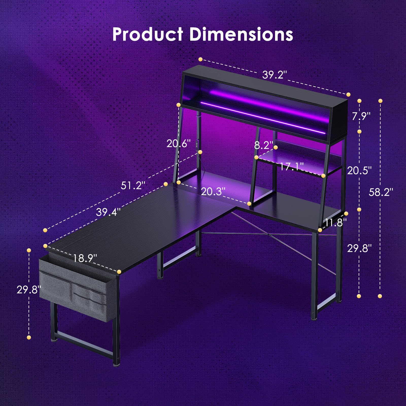 L-Shaped Gaming Desk with LED Lights & Display Shelves