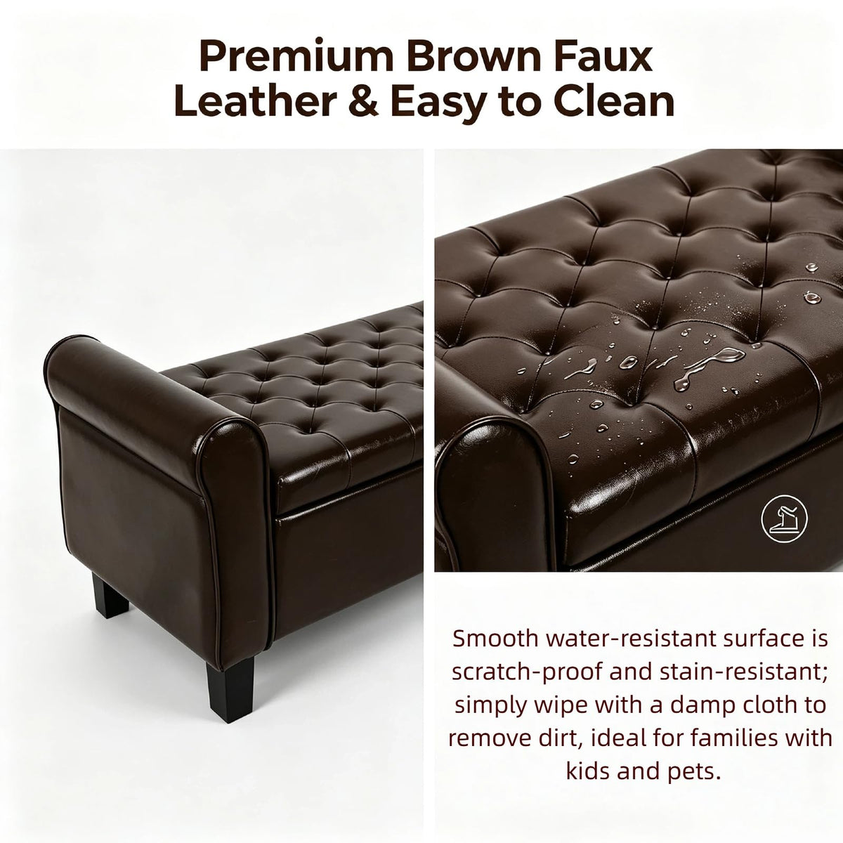 51 Inch Brown Faux Leather Storage Ottoman Bench with Rolled Armrests