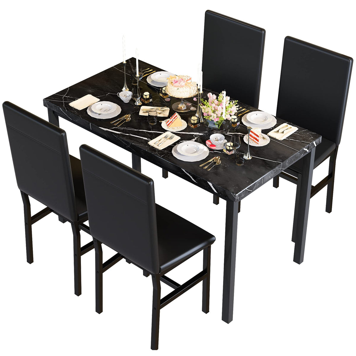 Recaceik Dining Table Set for 4, Kitchen Table and Chairs Set with Faux Marble Tabletop & 4 Leather Upholstered Chairs for Kitchen Dining Room, Breakfast Nook, Compact Space, Dinette Set