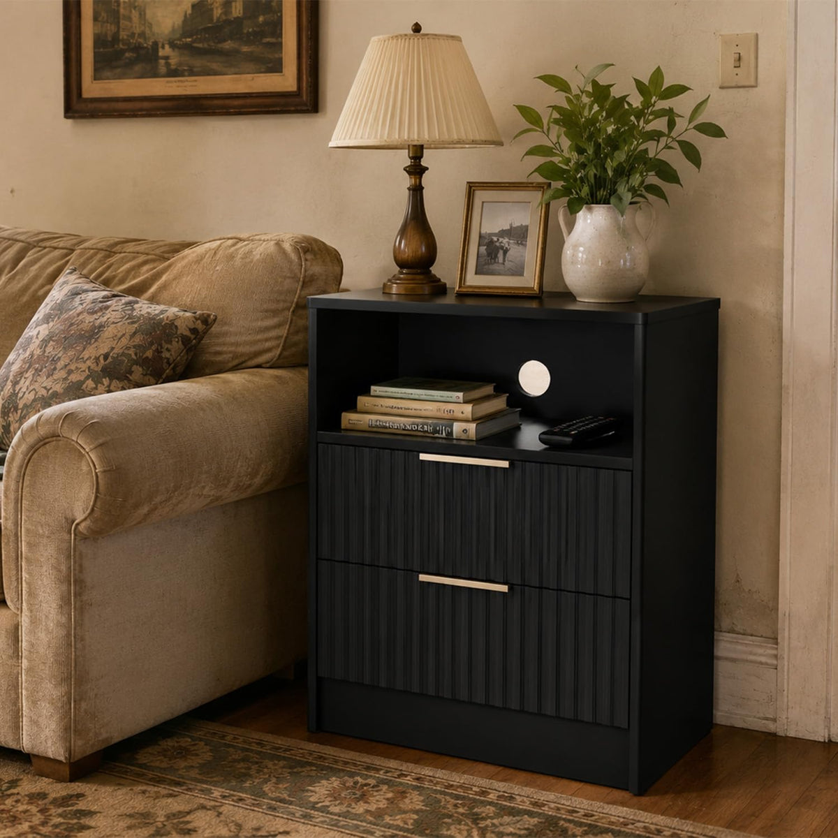Black Fluted Nightstands Set of 2