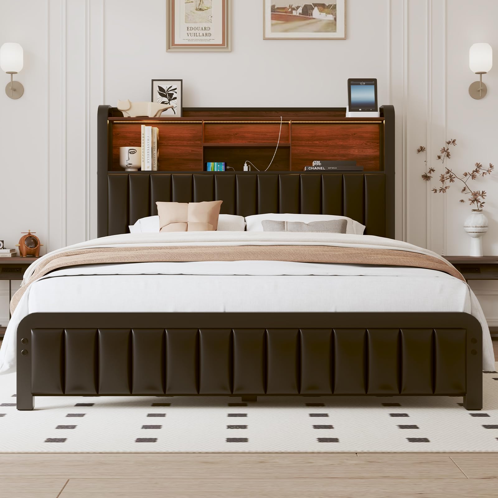 LoVinson Full Bed Frame with 3-Tier Storage Headboard & LED Lights, Upholstered PU Leather Platform Bed with Charging Station, Metal Slats, No Box Spring Needed, Black