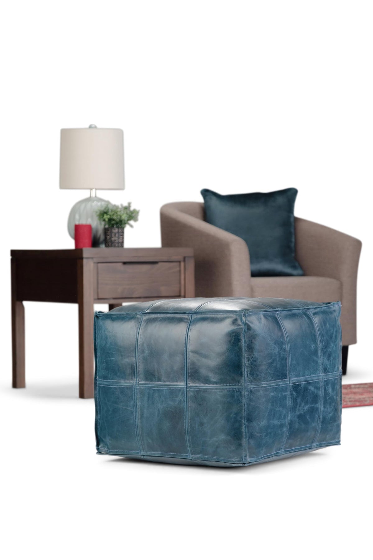 Teal Leather Square Pouf