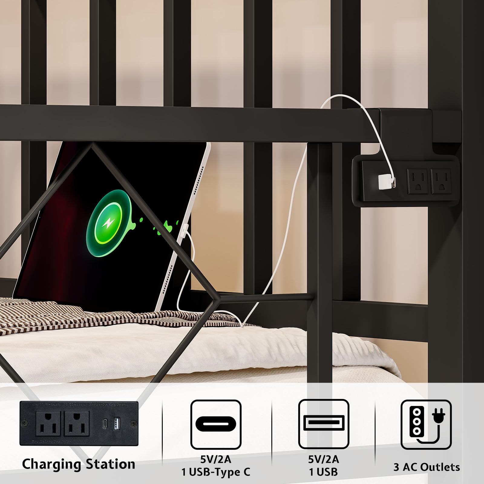 Jocisland Twin DayBed with Charging Station and LED Lights, Metal Twin Daybed with Trundle, Versatile Sofa Bed Frame with Steel Slat Support for Living Room, Bedroom, Guest Room, Dark Gray-Black