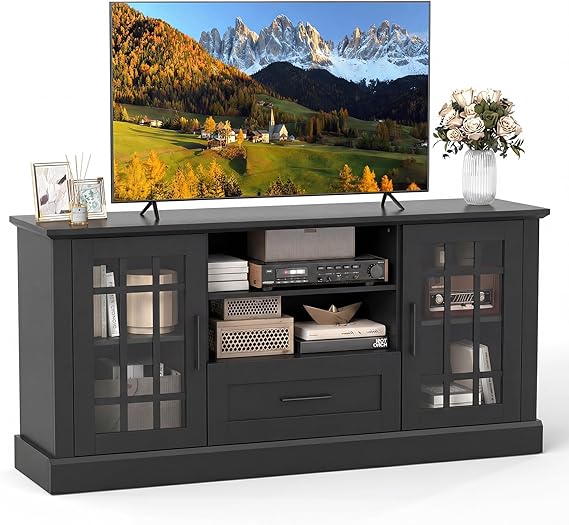 Farmhouse TV Stand with Glass Cabinets & Drawer